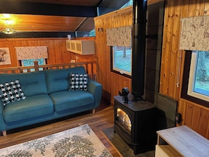 A cozy room with a blue sofa, a patterned rug, a wood-paneled wall, and a wood-burning stove.