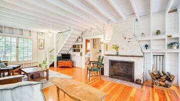 TV, fireplace, books