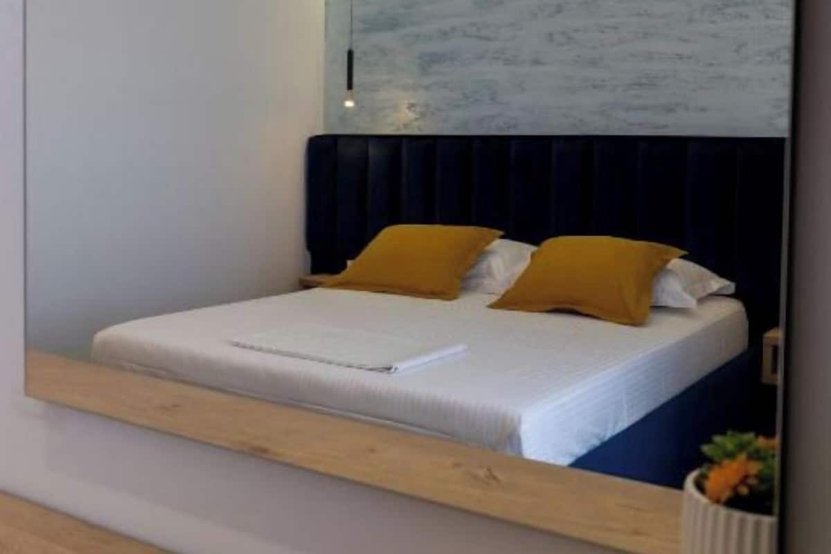 Un dormitorio con cama, cabecera, espejo y planta en maceta.