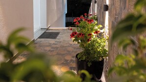 A narrow hallway with a potted plant, a door, and a stone wall. - Hotel Flori (Sarandë)