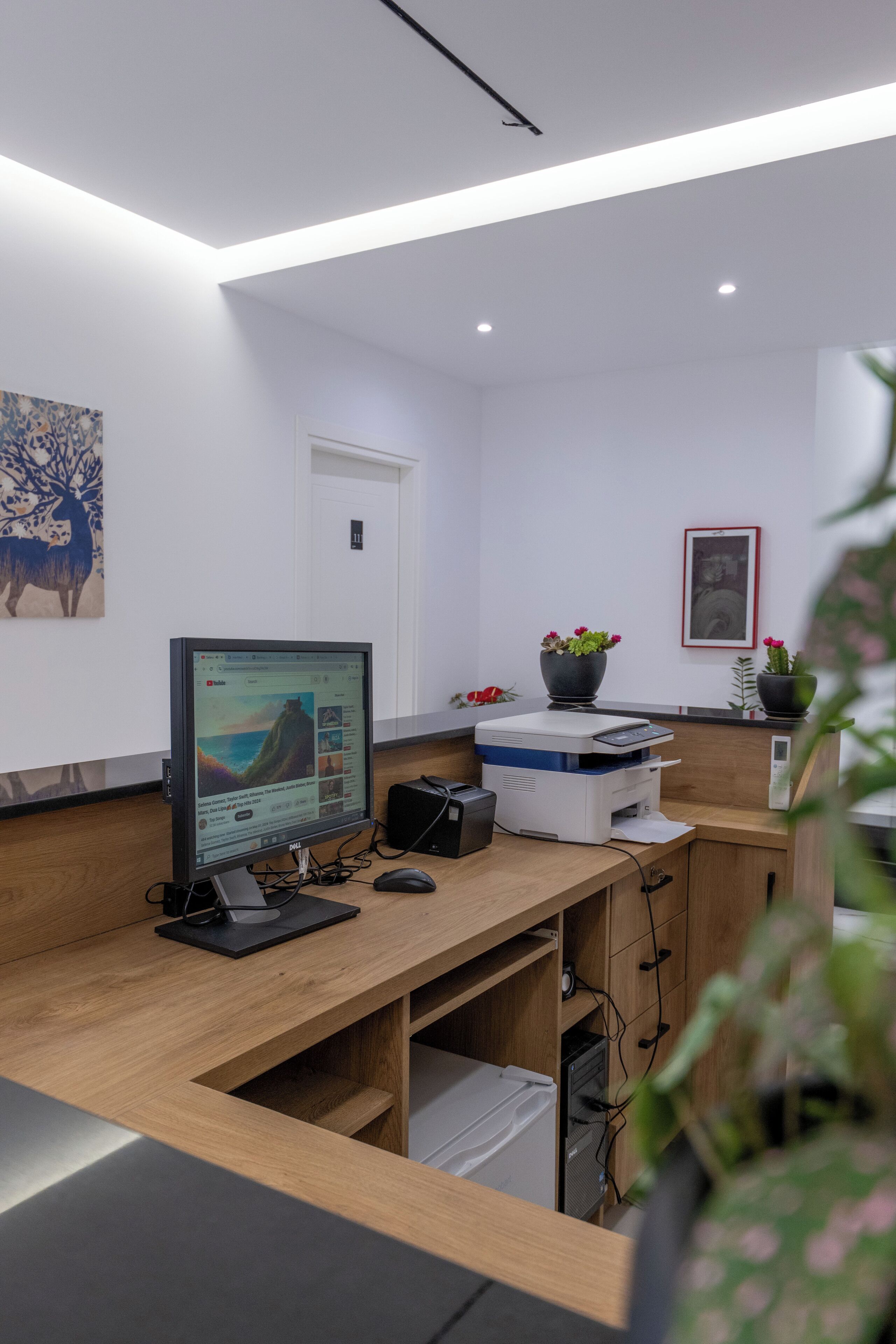 A modern office desk with a computer, printer, and potted plants.