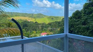 A balcony with a pool, overlooking a green landscape with hills and a clear sky.