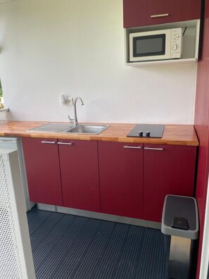 Fridge, microwave, stovetop, coffee/tea maker