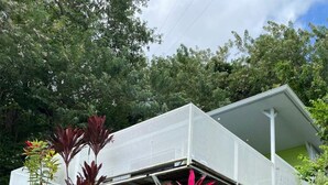 Ein modernes Haus mit Satteldach, umgeben von üppigem Grün und großen Steinen.