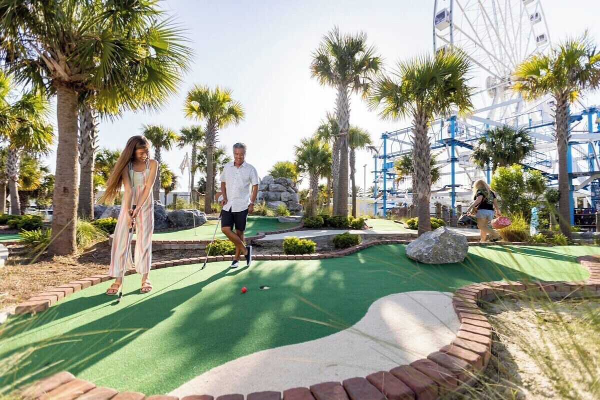 Un campo de mini golf con césped verde, palmeras y una noria al fondo.