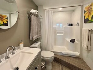 Shower, eco-friendly toiletries, hair dryer, towels