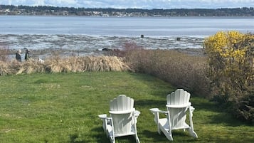 A grassy area with two white Adirondack chairs facing a body of water.