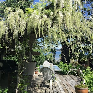 Une terrasse en bois avec une table et des chaises, entourée d’une végétation luxuriante et de plantes grimpantes à fleurs blanches.