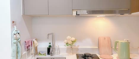 Fridge, microwave, electric kettle