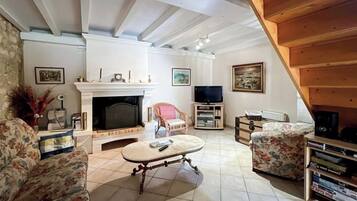 Télévision, cheminée, table de tennis de table, livres