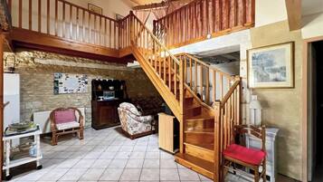 Télévision, cheminée, table de tennis de table, livres