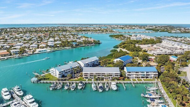 An aerial view of a coastal area with a marina, residential buildings, and a large hotel with a blue roof.