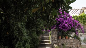 Eine Steintreppe führt zu einem Haus mit Garten.