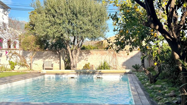 Ein rechteckiger Pool mit Holzterrasse, umgeben von Grünpflanzen und einer Steinmauer.