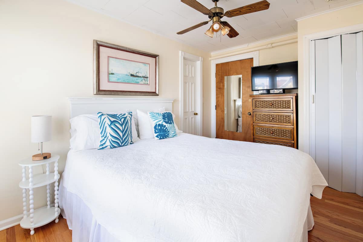 A bedroom with a bed, a ceiling fan, a TV on a wooden cabinet, and a framed picture on the wall.