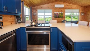 A modern kitchen with blue cabinets, a stainless steel stove, and a large window offering a view of the outdoors.