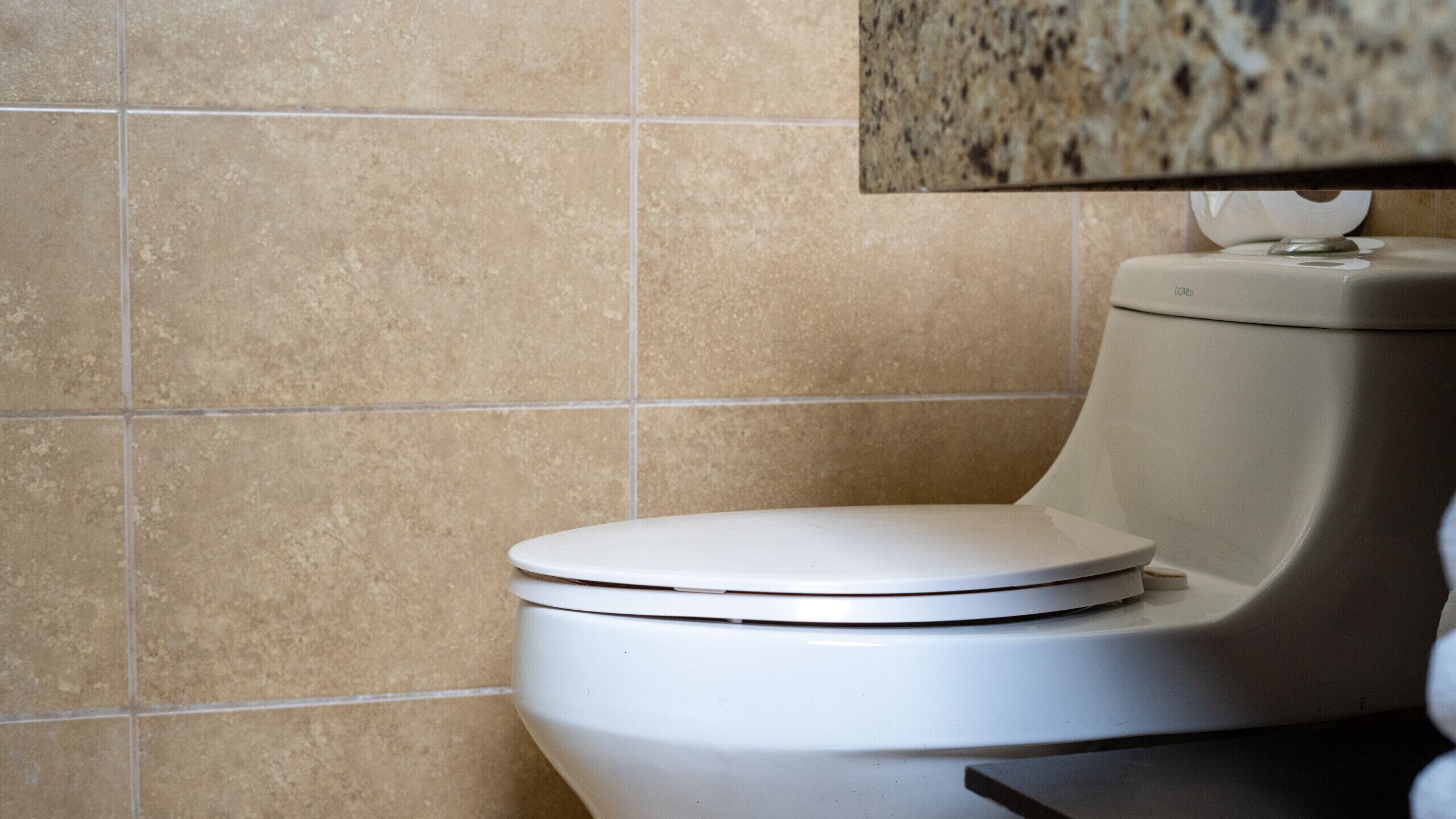A toilet with a white lid and a toilet paper holder on the wall.