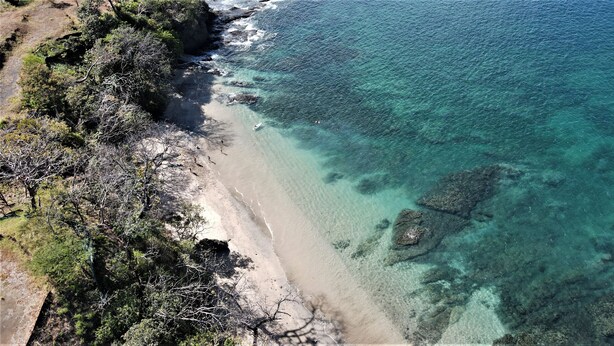 Ein Luftbild zeigt einen Strand mit klarem türkisblauem Wasser, sandigem Ufer und dichter Vegetation.