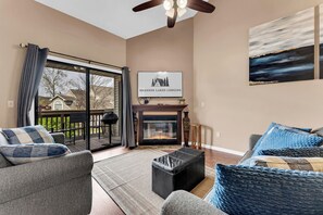 Smart TV, fireplace, books, stereo