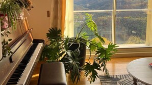 Une pièce avec un piano, un banc, une grande fenêtre donnant sur des collines et plusieurs plantes en pot.
