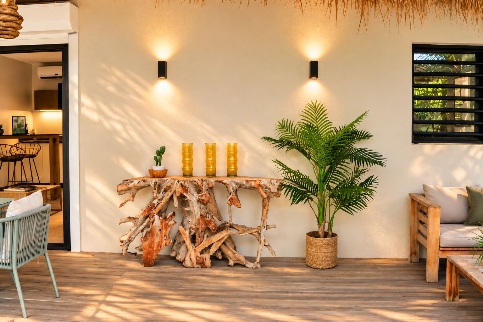 A room with a wooden console table, a potted plant, and a seating area with a sofa and chairs.