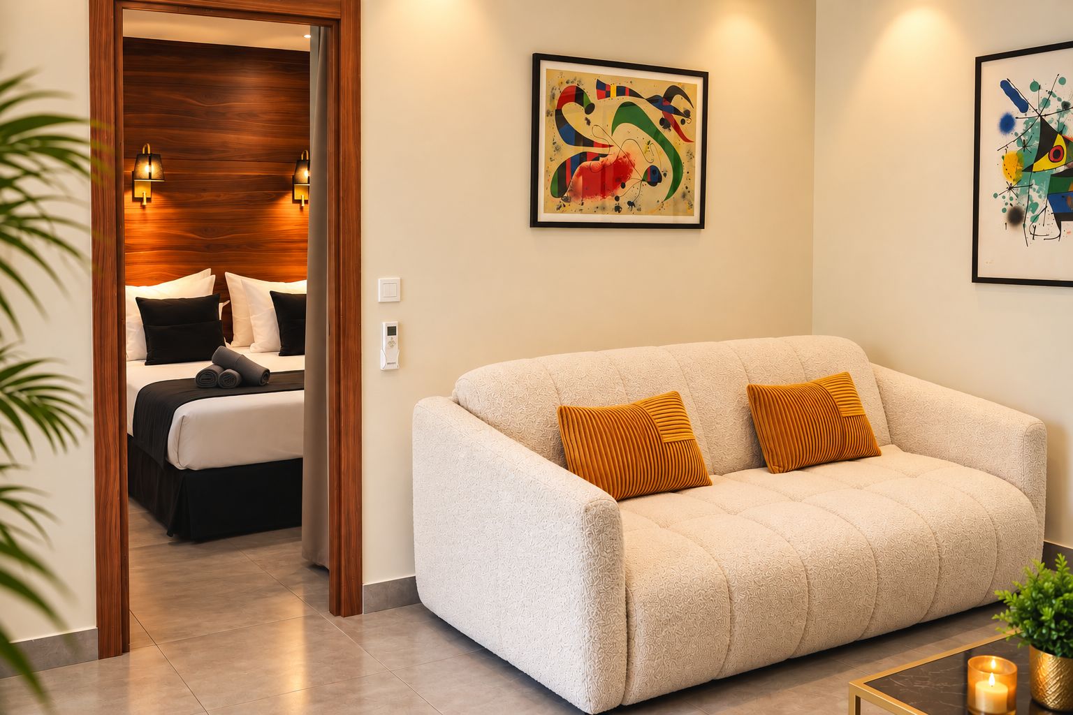 Una habitación de hotel con una cama, un sofá y dos cuadros en la pared.