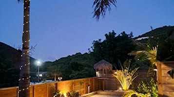 A well-lit outdoor area with a wooden deck, palm trees, and a thatched-roof structure.