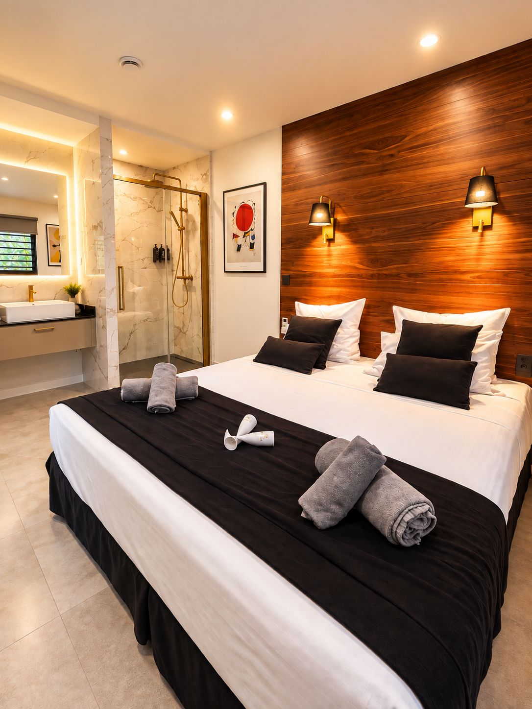 Una habitación de hotel moderna con una cama grande, un baño con ducha de vidrio y una pared decorativa de madera.
