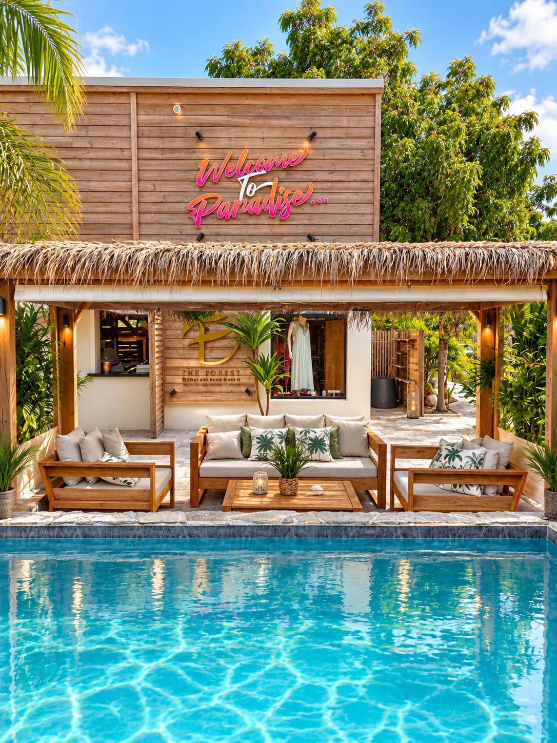 Zona junto a la piscina con terraza de madera, asientos de descanso y un cartel que dice 'Welcome to Paradise'.
