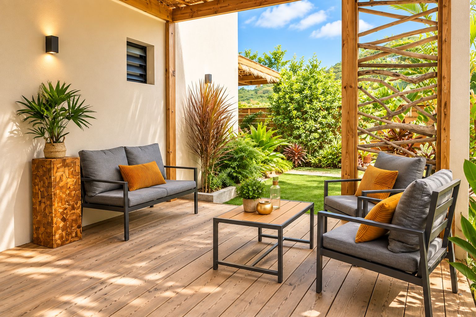 Uma área de estar coberta ao ar livre, com um deck de madeira, um sofá, duas poltronas e uma mesa de centro.