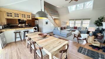 Smart TV, fireplace, foosball, books
