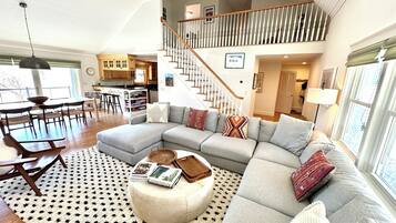 Smart TV, fireplace, foosball, books