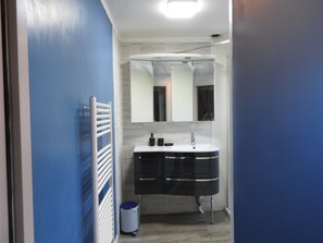 Shower, hair dryer, soap, toilet paper
