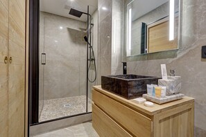 Shower, hair dryer, towels