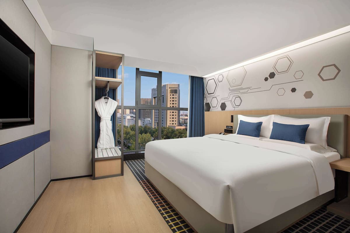 Habitación de hotel con una cama grande, un armario, televisión y vista a la ciudad.