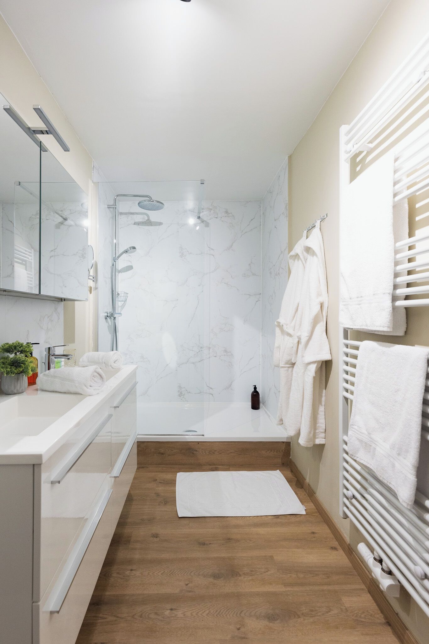 Shower, free toiletries, hair dryer, bathrobes