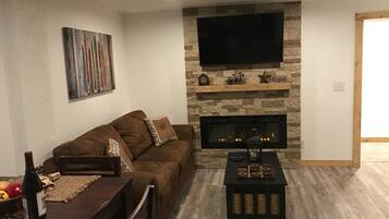 Smart TV, chimenea y libros