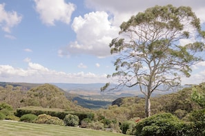 A landscape with a prominent tree, rolling hills, and a clear sky.