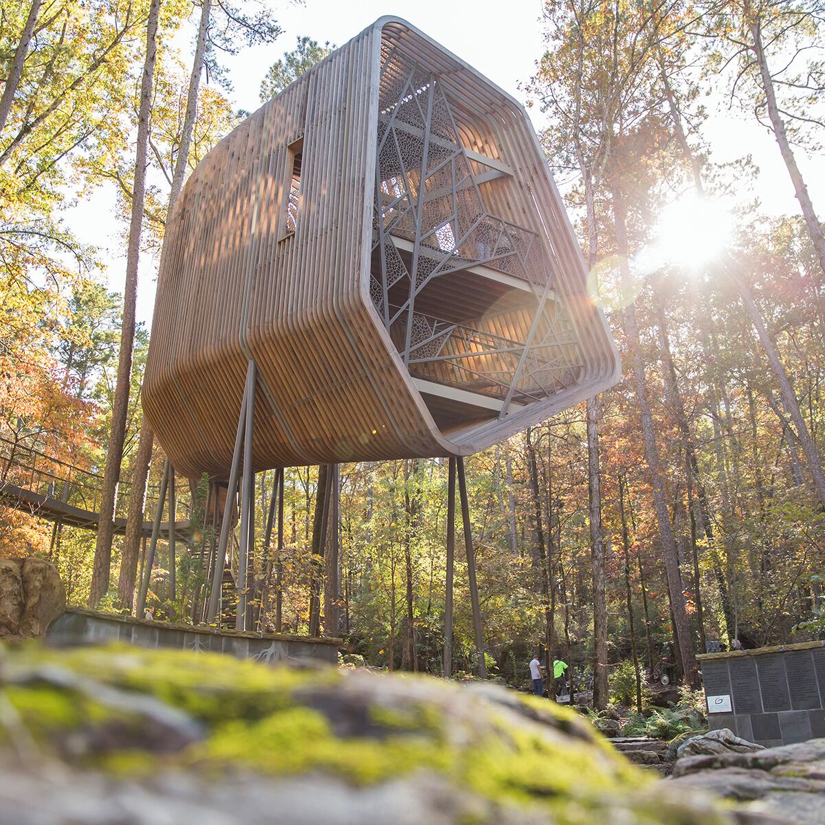 Eine sechseckige Holzkonstruktion mit Metallgerüst, umgeben von einem Wald im Herbstlaub.