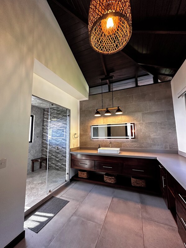 Shower, jetted tub, towels, soap