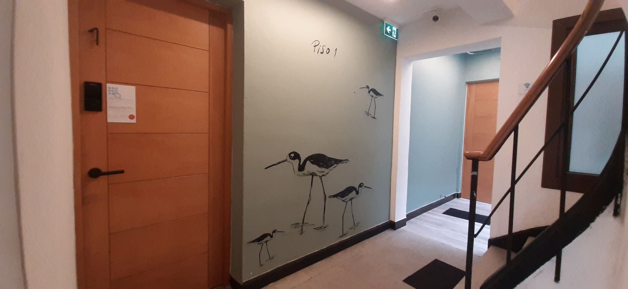 Un couloir avec une porte en bois portant l’inscription « Rez-de-chaussée », un mur orné d’une fresque représentant des oiseaux et un escalier muni d’une main courante.