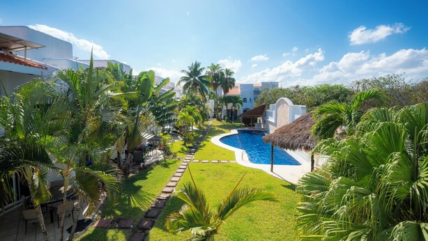 A pool area with a thatched roof structure, surrounded by palm trees and a well-maintained lawn.