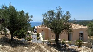 Una villa de estilo mediterráneo con tejado de baldosas, rodeada de olivos y un camino de entrada de grava.