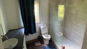 Un bagno con il water, un lavandino, una doccia e una finestra.