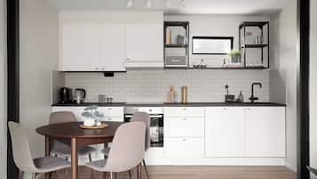 Apartemen Superior, 3 kamar tidur, dapur, pemandangan halaman | Dapur pribadi | Lemari es kecil, microwave, kompor, dan mesin pencuci piring