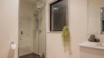 Shower, hair dryer, towels, soap