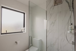 Shower, hair dryer, shampoo