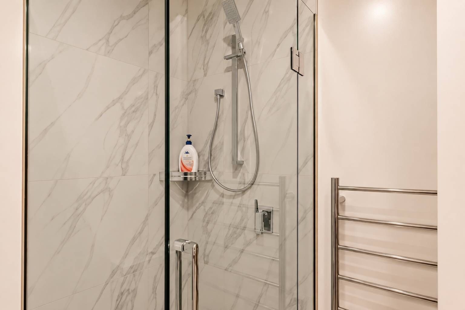 Une douche moderne équipée d’un pommeau de douche à main et d’un flacon de shampoing posé sur une étagère.