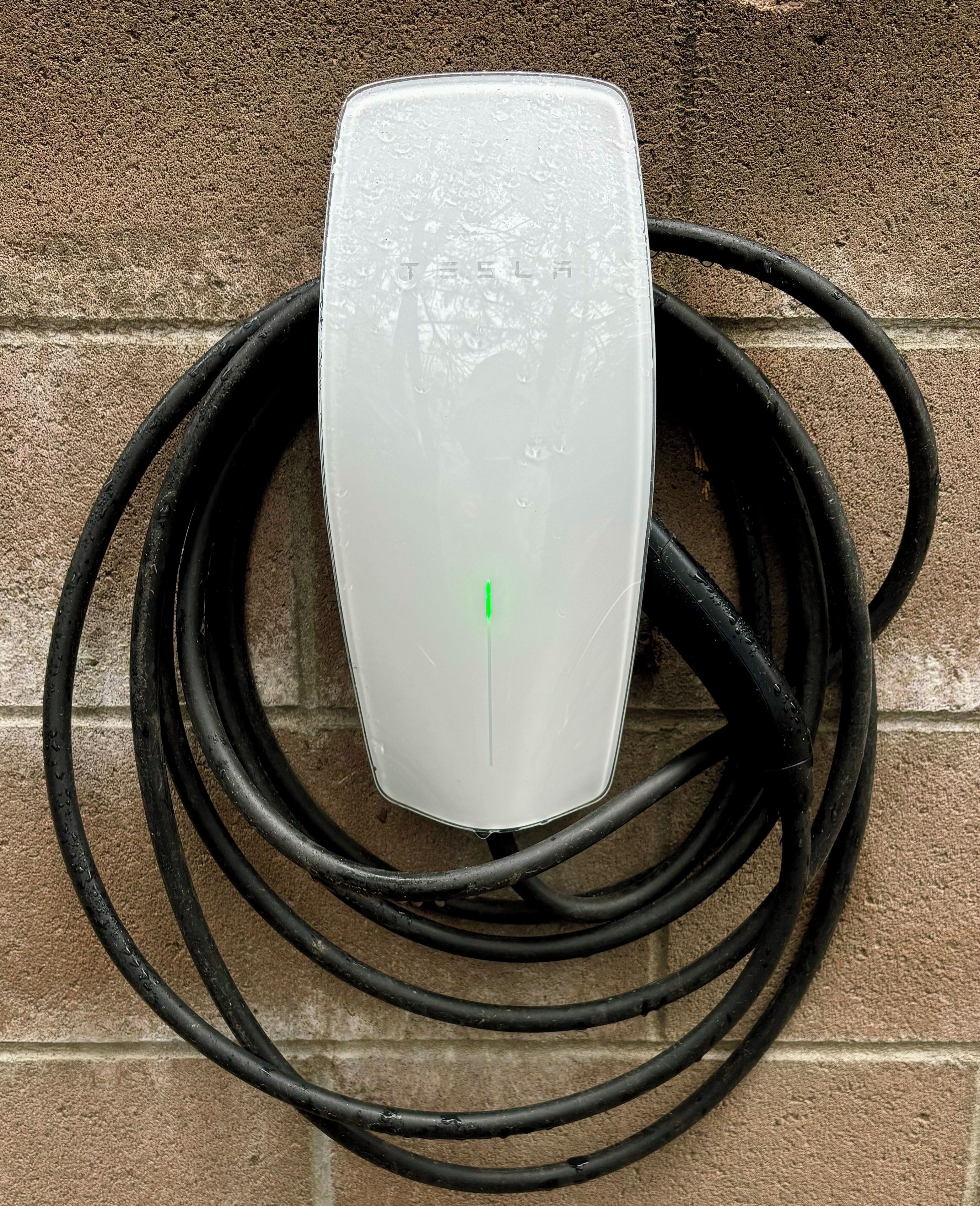 Una estación de carga blanca con una luz indicadora verde, rodeada de cables negros enrollados, montada en una pared texturizada.