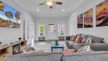 Smart TV, fireplace, video games, foosball